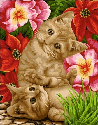 Картина по номерам 40x50 Кошка с котёнком среди ярких цветов