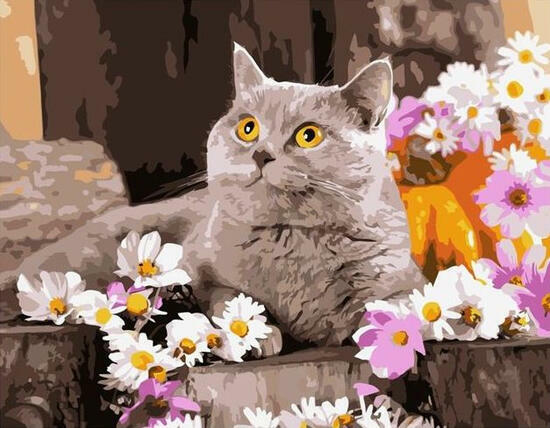 Картина по номерам 40x50 Пушистый котик среди цветов