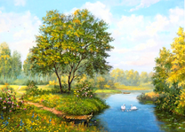 Причал на речке с лебедями