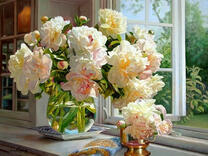 Без бренда «Ваза с букетом белых пионов у окна» в Волжском