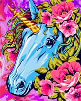 Голубой единорог в розах