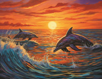 Два дельфина в волнах на закате